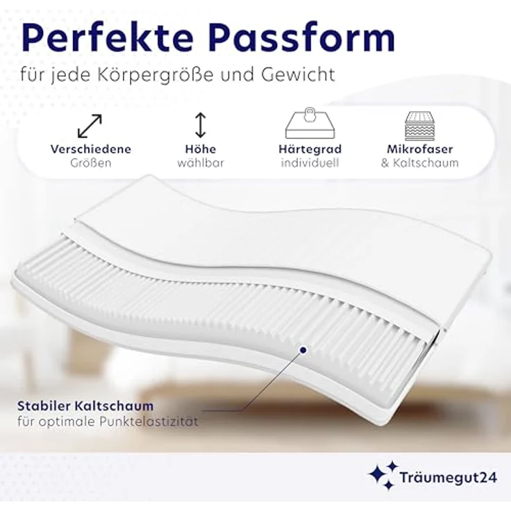 Träumegut24 AquaFlex 7-Zonen Matratze | H2&H3 | Ergonomische Kaltschaummatratze | Hypoallergen & Antibakteriell | Bezug abnehmbar & waschbar | Oeko-TEX® (140 x 200 cm, H3, 19 cm) – Bild 3