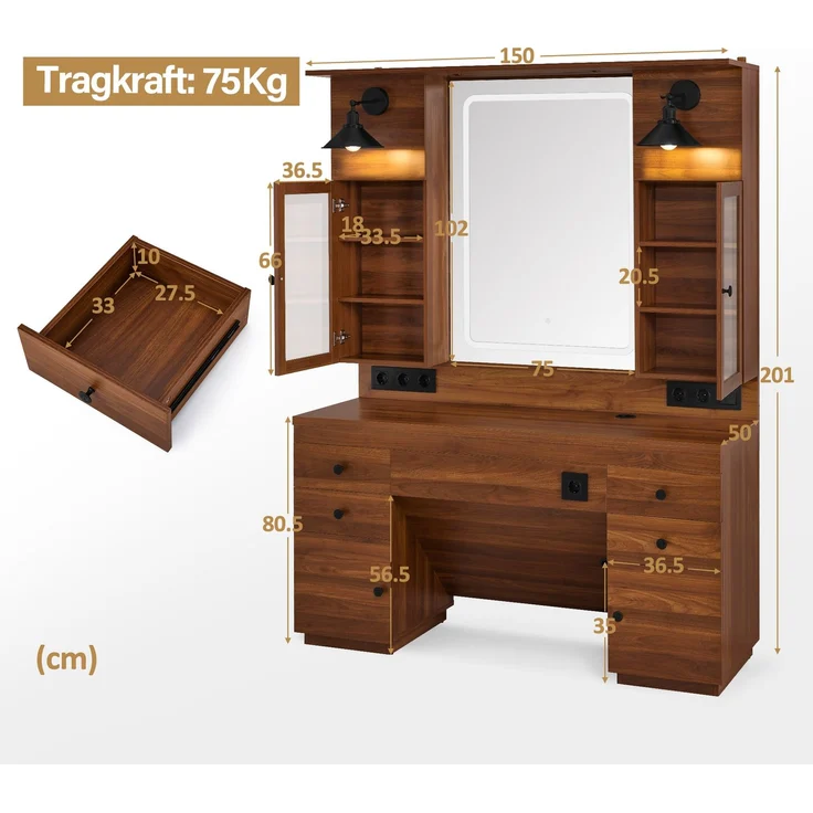BarberPub Friseurplatz mit 4 Schubladen, Schminktisch mit Spiegel, Bedienungsplatz mit 6 Ablagen & 2 Schränken, Spiegelschrank mit Beleuchtung, Spiegeltisch Friseureinrichtung, J3158 (Schwarz-Gold) – Bild 2