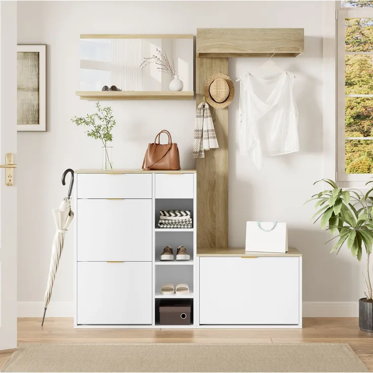 Flurgarderoben-Set 130 x 30 x 174 cm mit Schuhschrank, Bank, Spiegel und Garderobenpaneel