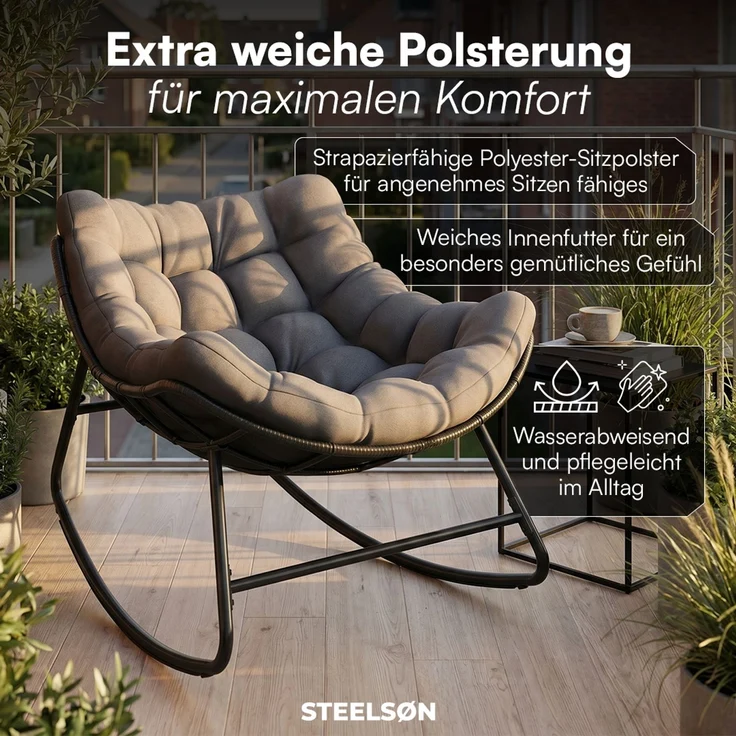 STEELSØN 'Veldora' Schaukelstuhl, schwarzes Polyrattan, Kissen anthrazit, ergonomischer Relaxsessel, bis 125kg, XXL Schaukelsessel 75×100×65 cm – Bild 6