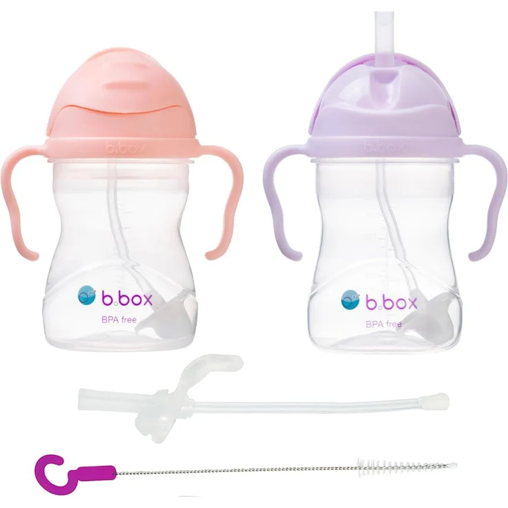 b.box Trinklernbecher 2er Pack mit Ersatzstrohhalme und Reinigungsbürste | Flip-Top, Schwerer Strohhalm, Griff, Auslaufsicher | BPA-Frei & für Spülmaschine | Ab 6 M | 2 x 240 ml
