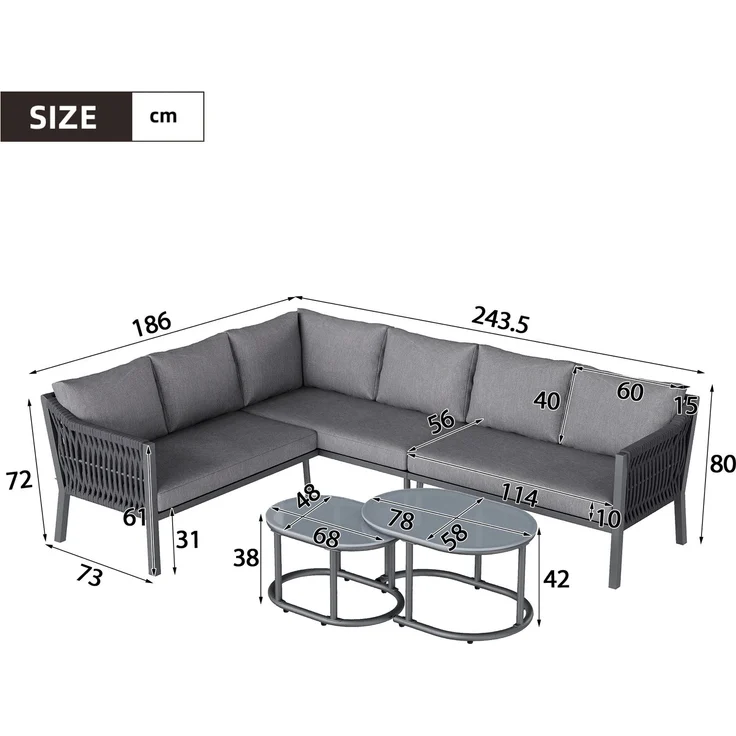 Merax Gartenmöbel-Set für 6 Personen, Eisen / Polyester grau, 243,5x186x80 cm – Bild 4