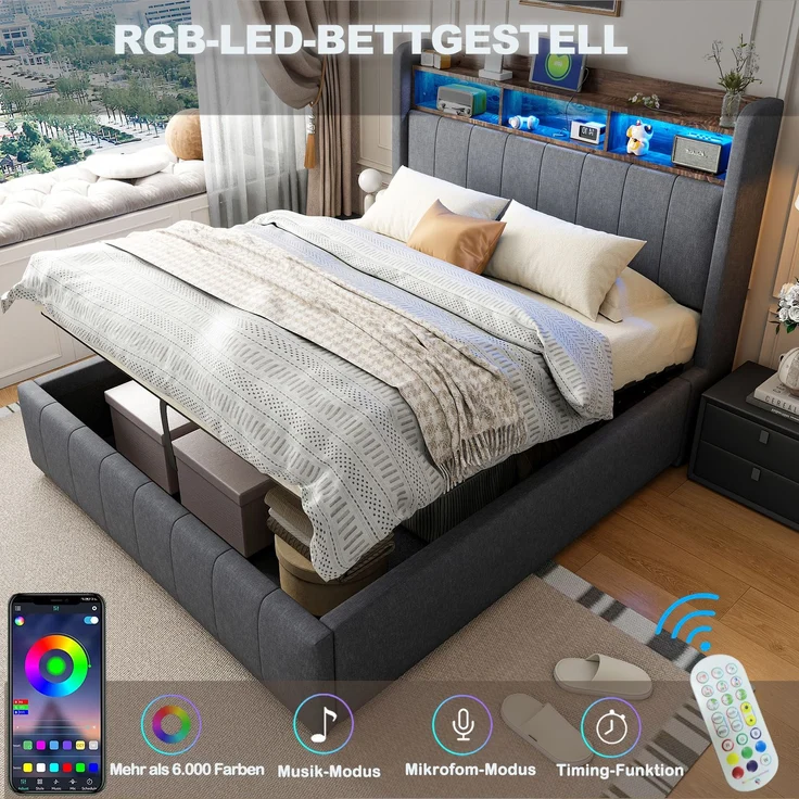 Polsterbett 180*200cm mit LED-Beleuchtung und USB-Steckdose, Kopfteil mit Einlegeböden und Stauraum, Mit Hydraulik für die Lagerung, Erwachsenenbett Doppelt, Leinenstoff Grau – Bild 7