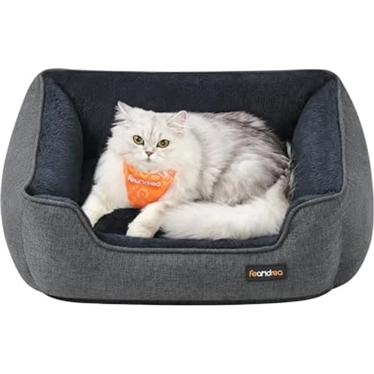 Feandrea Katzenbett, Hundebett, Hundekissen in Leinenoptik, erhöhte Ränder, rutschfeste Unterseite, Bezug abnehmbar waschbar, S, für Minihund, 60 x 50 x 21 cm, dunkelgrau PGW009G01 – Bild 2