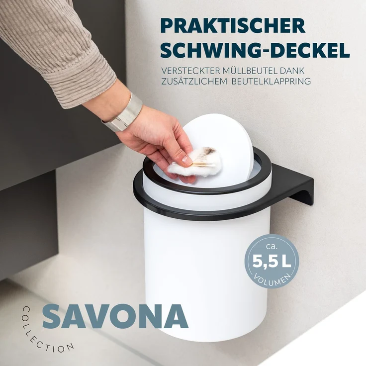 2tlg. Bad-Set SAVONA Softtouch inkl. Wandhalterung, Kosmetikeimer 5,5 Liter und WC-Garnitur, rund - weiß – Bild 5