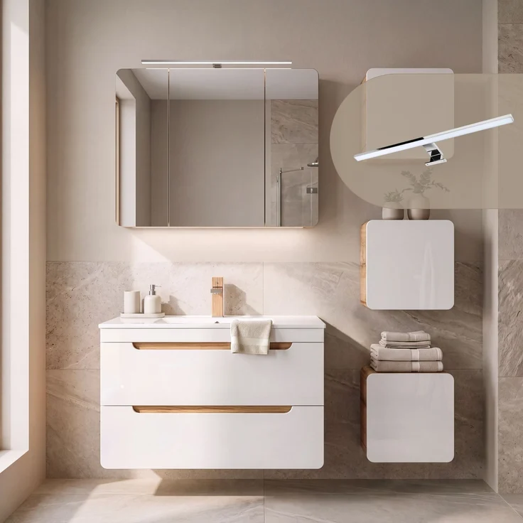 Badmöbel Set in Hochglanz weiß mit Wotan Eiche Nb. LUTON-56 mit LED-Spiegelschrank, B/H/T ca. 130/200/46 cm – Bild 6