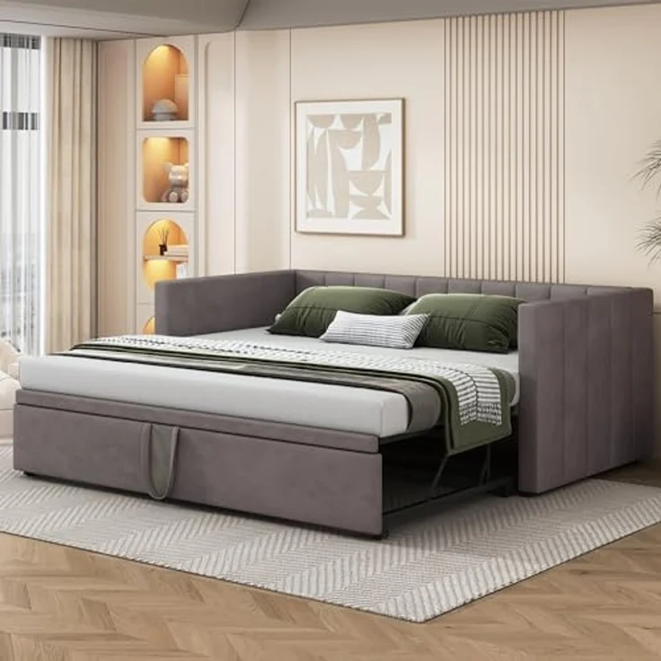 Odikalo Schlafsofa Polsterbett Ausziehbar 90/180*200cm Lattenrosten Samtstoff Beige/Grau – Bild 4