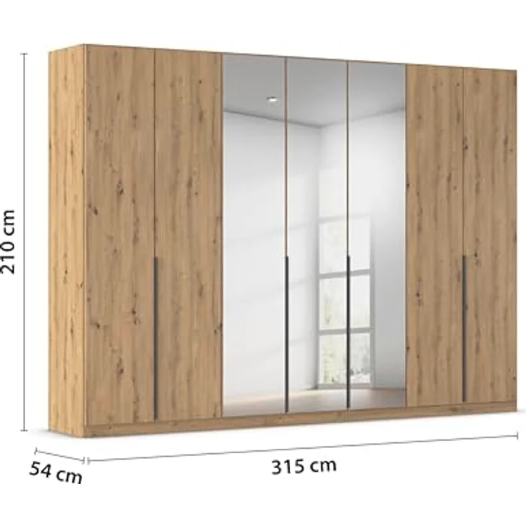 Rauch Möbel Alabama, Kleiderschrank für Schlafzimmer, Kinderzimmer, Wohnzimmer, Garderobe, Flur, 7-türig, Spiegel, mit Zubehör Classic, Farbe Eiche Artisan, Holz, Breite 315 cm – Bild 3
