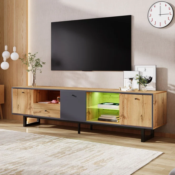 TV-Schrank Holz Grau Anthrazit 190 x 40 x 50 cm, LED-Beleuchtung & Glasböden,mit 3 Türen, 3 offenen Fächern – Bild 1