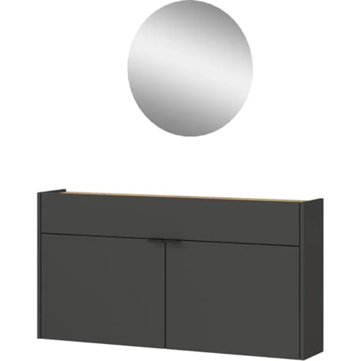 XXXL Garderobe GW-Ameca, 2-teilig in Graphit und Navarra-Eiche mit Spiegel, Schuhschrank für bis zu 12 Paar Schuhe, 110x200x22 cm