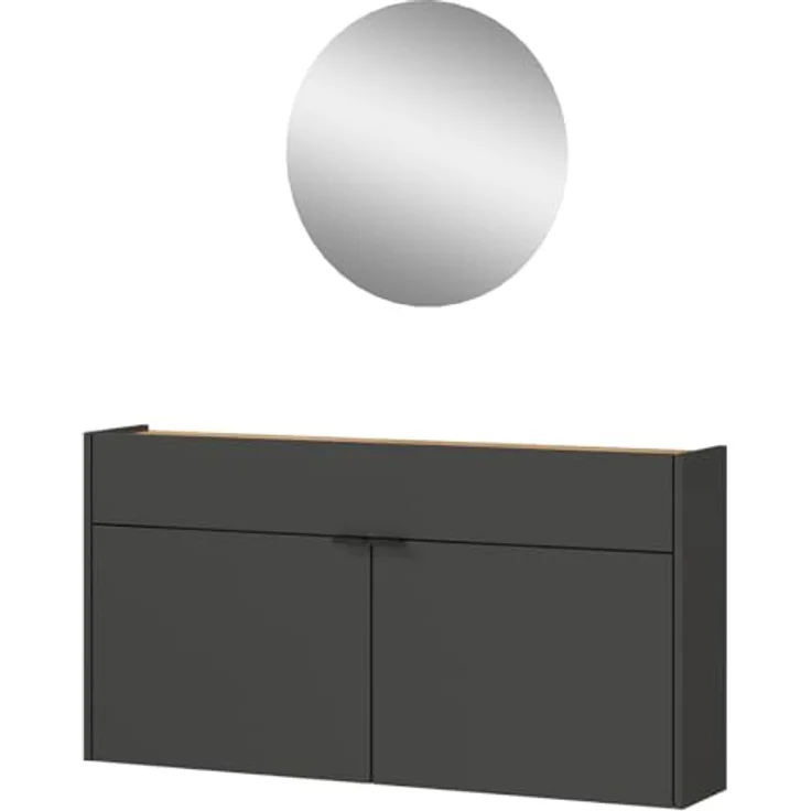 XXXL Garderobe GW-Ameca, 2-teilig in Graphit und Navarra-Eiche mit Spiegel, Schuhschrank für bis zu 12 Paar Schuhe, 110x200x22 cm – Bild 1