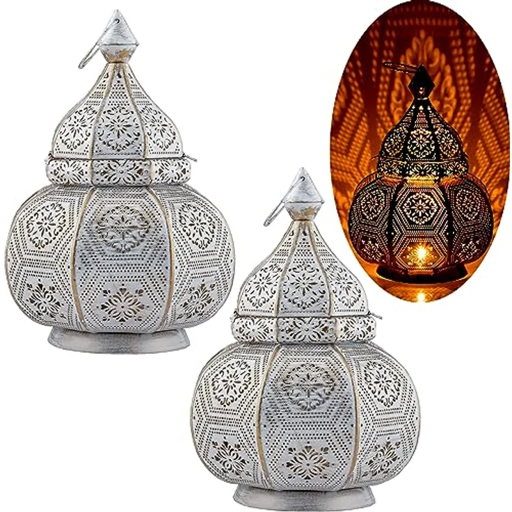 Marrakesch Orient & Mediterran Interior Nachttischlampe 2er Set Orientalische Laterne Lampe Nachttischlampe Mahana Weiss, Handarbeit – Bild 2
