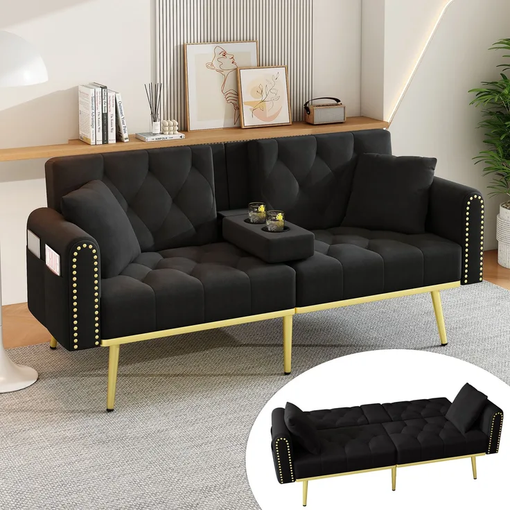 Merax Schlafsofa 2-Sitzer-Sofa mit Liegefunktion, drei verstellbaren Neigungswinkeln und Getränkehalter, Schwarz