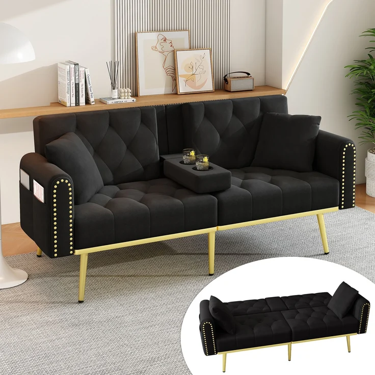 Merax Schlafsofa 2-Sitzer-Sofa mit Liegefunktion, drei verstellbaren Neigungswinkeln und Getränkehalter, Schwarz – Bild 1
