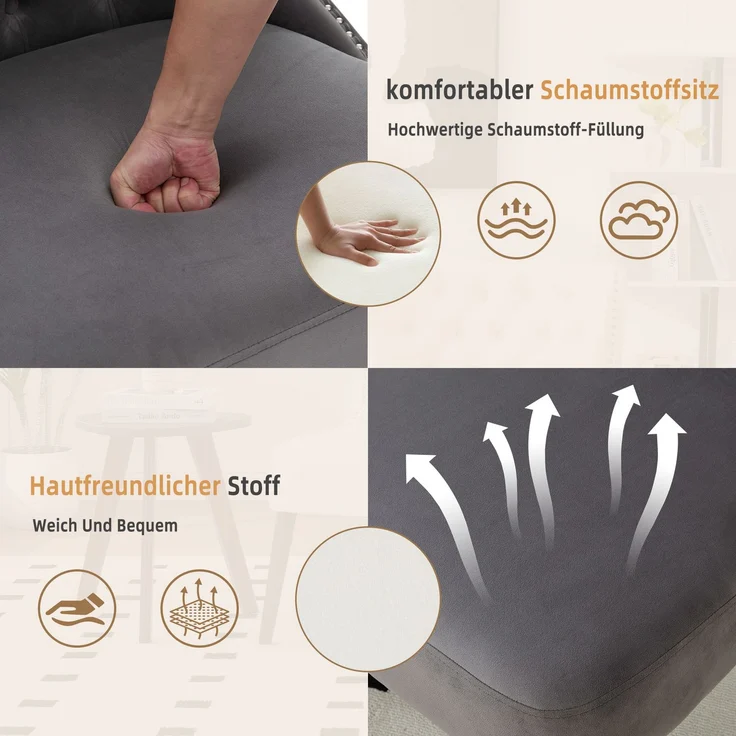 Polsterstuhl mit handgefertigter Nietenverzierung, luxuriösem Diamant-Knopf-Design und rutschfesten Füßen,Grau – Bild 7