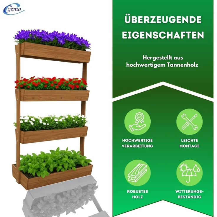Coemo Vertikalbeet Vera Braun aus Holz Hochbeet 4 Etagen Kästen höhenverstellbar und neigbar – Bild 3