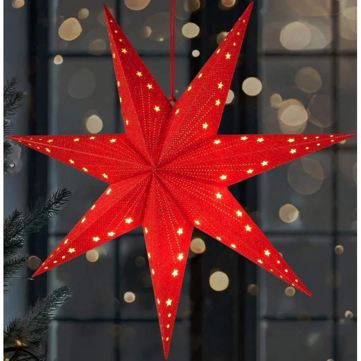 BRUBAKER LED Stern Weihnachtsstern zum Aufhängen - 60 cm Papierstern mit 7 Spitzen, Batteriebetrieben, Hängend und Beleuchtet, LED fest integriert, Warmweiß, 3D Adventsstern - Fenster Deko Leuchtstern