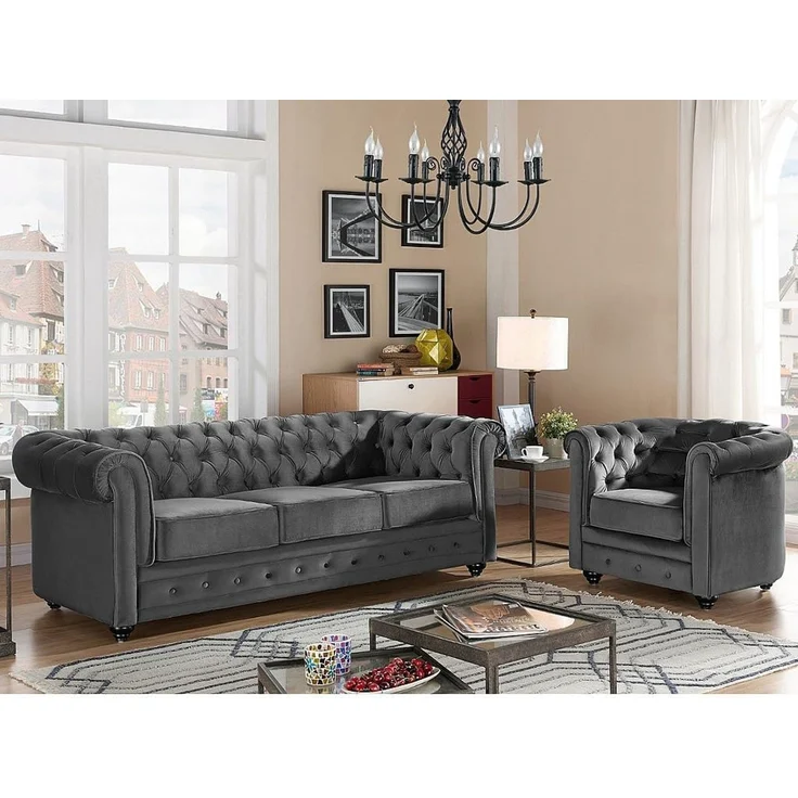 Vente-unique - Sofas 3-Sitzer, 2-Sitzer & Sessel - Samt - Schwarz mit Knöpfen in Kristall-Optik - CHESTERFIELD – Bild 2