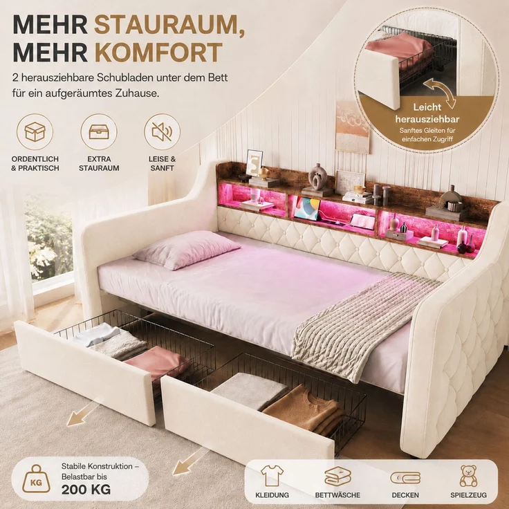 Polsterbett 90x190 cm in Beige mit LED, Ablagefläche und 2 Schubladen – Ohne Matratze – Bild 6