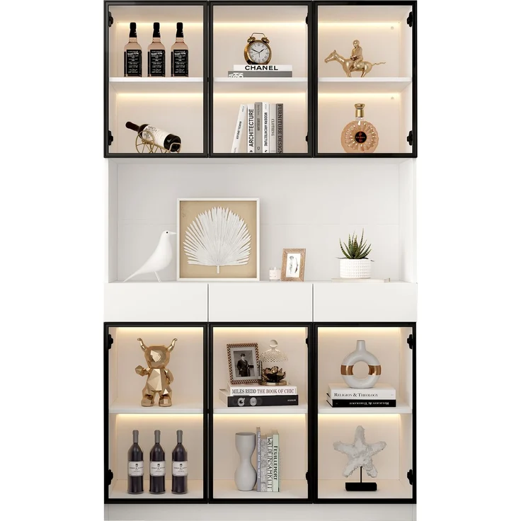 Vitrinenschrank 240x36x200 cm in Weiß, LED-Beleuchtung, Glastüren & 3 Schubladen – Bild 3