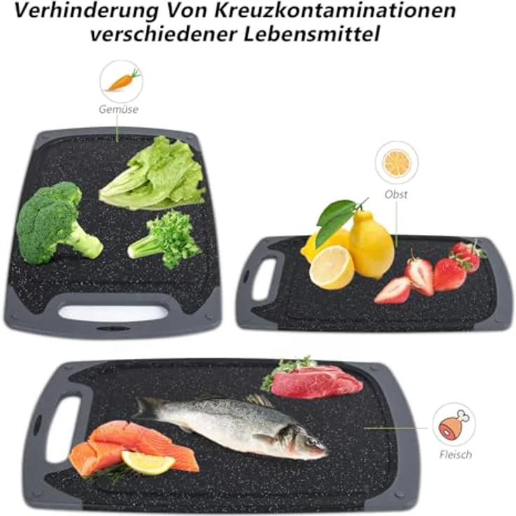 ROTTOGOON Schneidebrett Kunststoff Set mit Saftrille für Küche, Schwarz | BPA-freie Kunststoff-Schneidebretter, Spülmaschinenfest, Rutschfesten Füßen, mit Griff – Bild 5