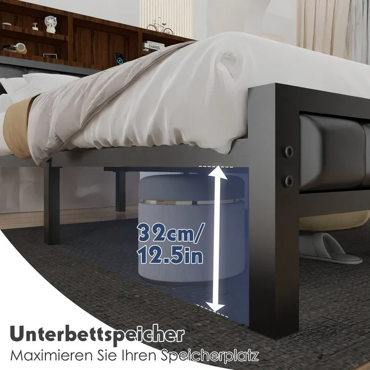 oyajia Polsterbett Doppelbett mit LED Licht 140x200cm,Stauraumkopfteil (Mit Lattenrost und Ladefunktion,PU-Leder material Polsterbett), Modernes Jugendbett, Leises Design Bett, Max. Belastbarkeit 200/272 kg – Bild 3