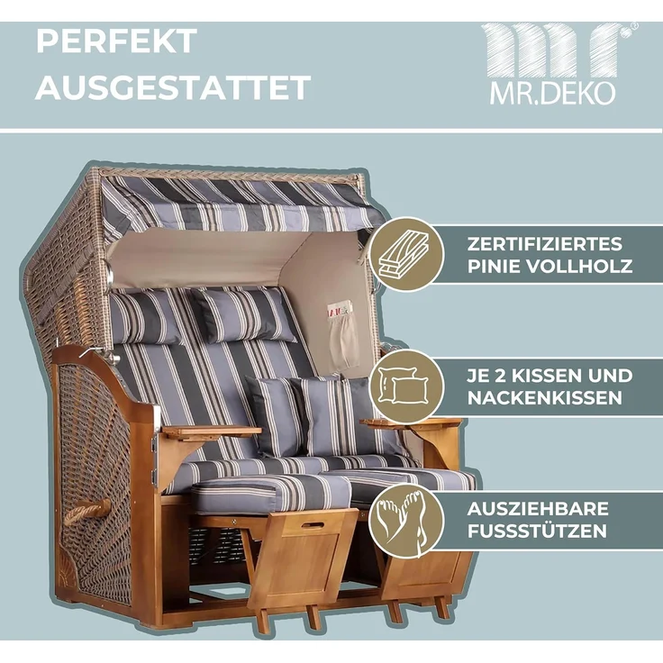 MR. DEKO Strandkorb 2-Sitzer Schleswig Pinie Braun PE Mokka, aufgebaut geliefert, BxTxH: 120x80x160 cm, 2-Sitzer, Schleswig, (Zweisitzer Strandkorb mit Bistrotischen & Fußstützen), Bereits montiert, UV-beständig, Volllieger & Edelstahl-Beschläge – Bild 8