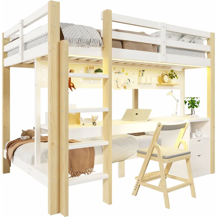 Merax Etagenbett, 90x200 cm & 140x200 cm, mit Schubladen und Schreibtisch, inklusive LED-Lichtleiste, (Keine Stühle), Natur