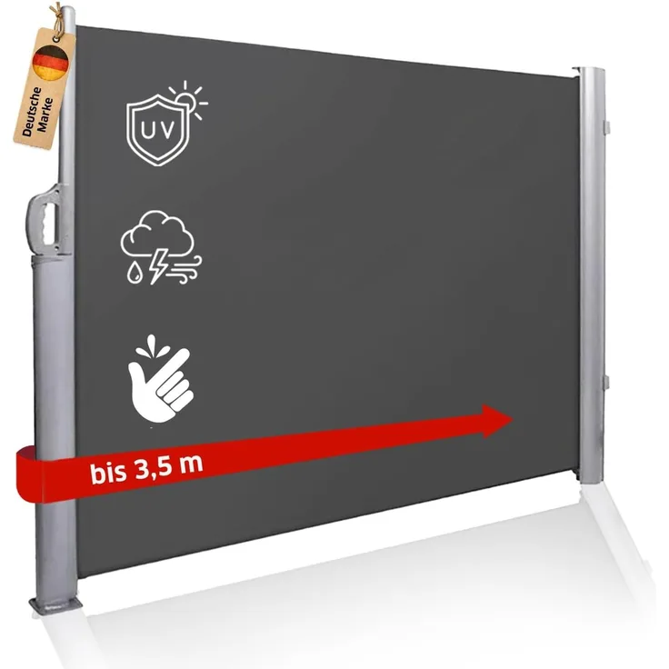 NOOR Seitenmarkise Exklusiv 200x350 cm Anthrazit I Der ideale Sichtschutz für Balkon, Terrasse & Garten I Sonnenschutz/Regenschutz/Windschutz inkl. Befestigungen I Imprägniert und wasserabweisend