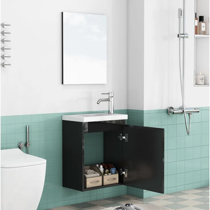 Badezimmerschrank mit Keramikwaschbecken und Spiegel, wandmontiert, 39,8x24,8x48 cm, Schwarz