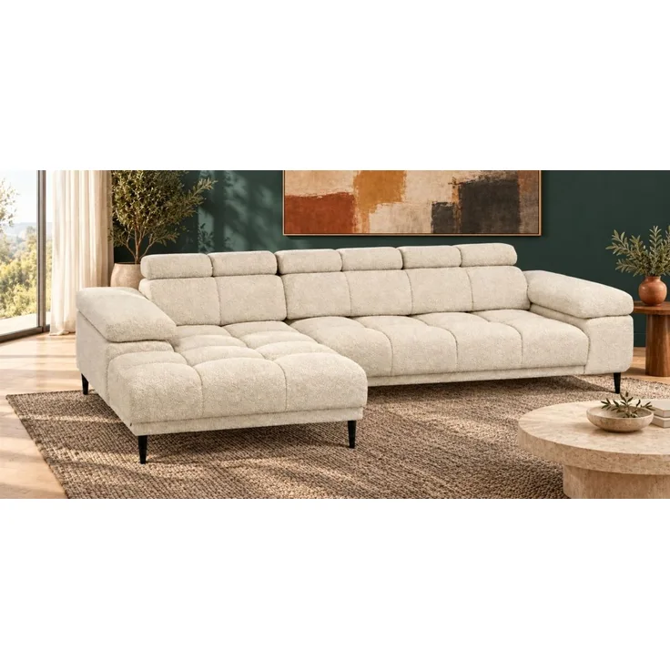Ecksofa Schlafsofa SENVELIO RELAX in Stoff Glam Creme Ottomane Links