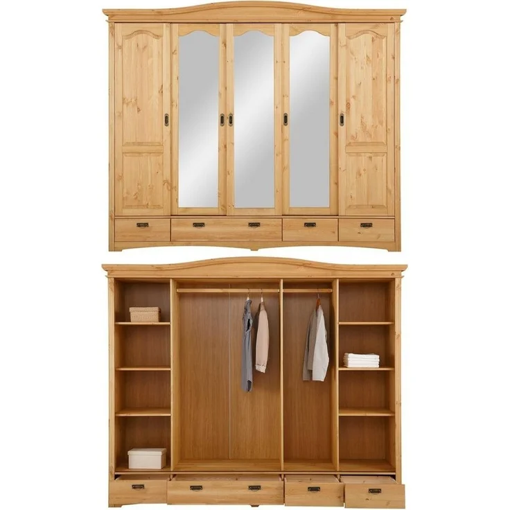 Home affaire Schlafzimmer-Set "Konrad", komplettes Schlafzimmer mit großem Schrank, (Set, 4-tlg, Kleiderschrank 5 türig mit Schubladen, 2 Nachttische, Bett 180x200cm), klassischer Landhausstil, Metallgriffe, Massivholz (Kiefer) – Bild 3