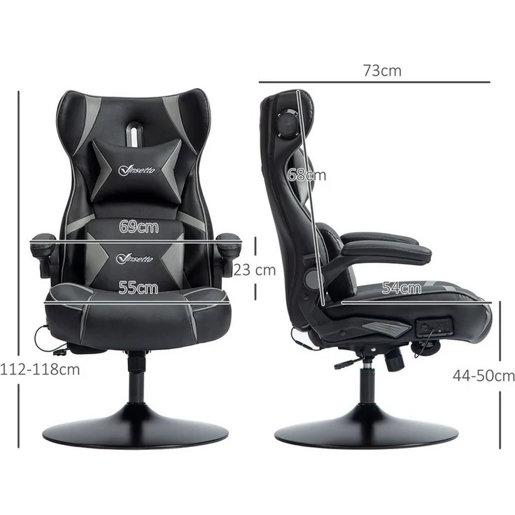 Vinsetto Gaming Stuhl mit Wippen- und Schkelfunktion, ergonomischer Computerstuhl, höhenverstellbar, drehbar Schreibtischstuhl mit Lautsprecher, bis 120 kg belastbar, Schwarz+Grau – Bild 2