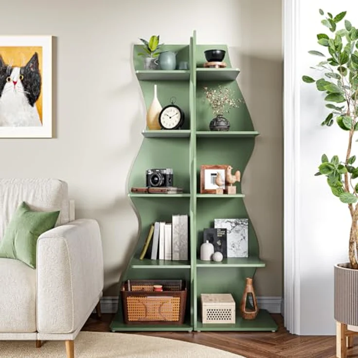 LITTLE TREE Bücherregal Ecke, Modernes Regal Schmal mit 6 Ebenen, 50 x 48 x 179 cm Bücherregal Holz, Standregal mit Wellen-Design für Kleine Räume, Wohnzimmer & Schlafzimmer, Grün, 2er Pack – Bild 6