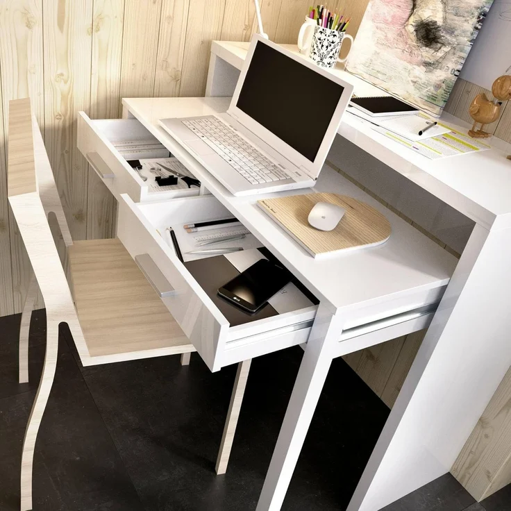 Dmora - Schreibtisch Losetta, Multipositionsschreibtisch mit ausziehbarer Platte, lineare Arbeitskonsole mit 2 Schubladen, 99 x 70 x 88 cm, Weiß – Bild 5