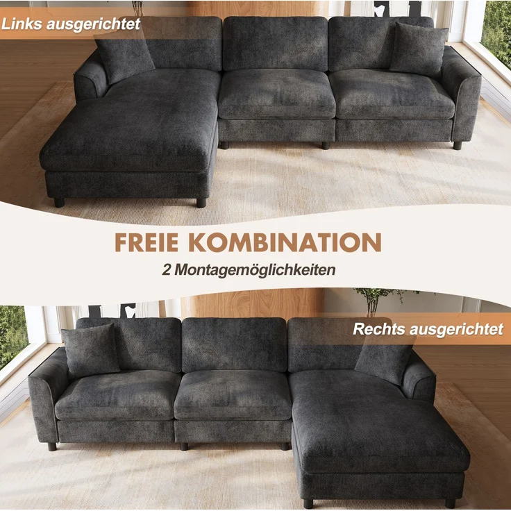 Ecksofa 256x137x79 cm in Grau mit umstellbarer Liegefläche und Chenillebezug – Bild 6