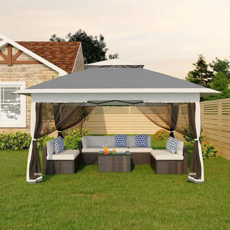 Faltpavillon Moskitonetz 3x3 m mit 4 Moskitonetz Seitenteilen – Pop Up Pavillon wasserdicht & stabil, UV-Schutz 50+, höhenverstellbar, Doppeldach Pavillion für Patio & Familie Grau