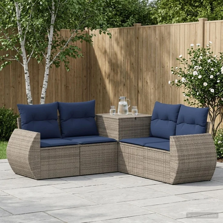 vidaXL Sofa Set 5 stk. Grau und Marineblau Polyrattan und Stahl 3447899 – Bild 1