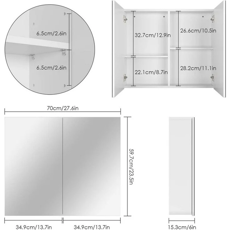 Homfa Spiegelschrank Badezimmerschrank mit 4 Fächern, Breite 70 cm, weiß, Holz – Bild 3