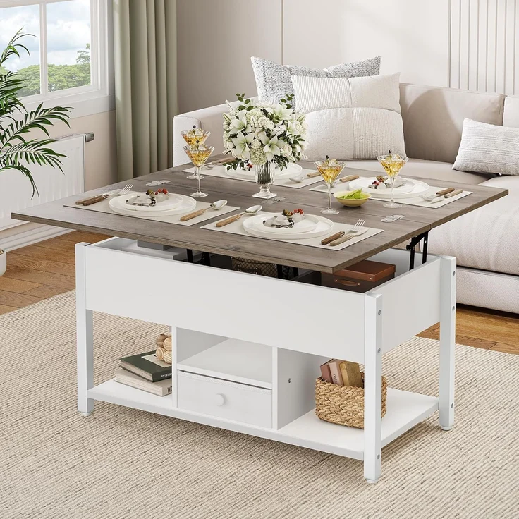 YITAHOME Couchtisch mit Anhebbarer Platte und Schubladen, 4-in-1-Multifunktions-Couchtisch mit Stauraum, Couchtisch lässt Sich in einen Esstisch für das Wohnzimmer umwandeln, Weiß&Grau – Bild 3