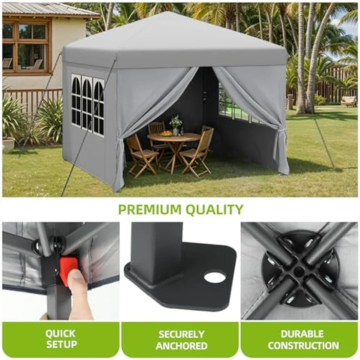 YITAHOME Pavillon mit Seitenwänden, 3x3 m wasserdichte zusammenklappbares Garten Vordach, Ganzjahres Camping Pavillon UV-Schutz mit Heringen,Seil,Tragetasche,Gewichtsbeuteln Veranstaltungen,hellgrau – Bild 6