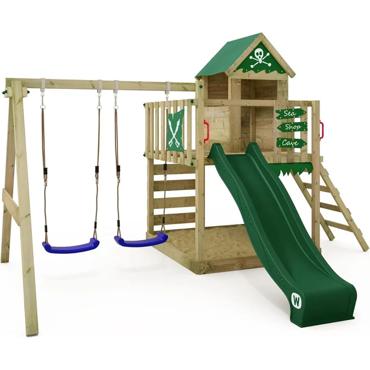WICKEY Spielturm Klettergerüst Smart Cave mit Schaukel & grüner Rutsche, Baumhaus mit Sandkasten, Kletterleiter & Spiel-Zubehör