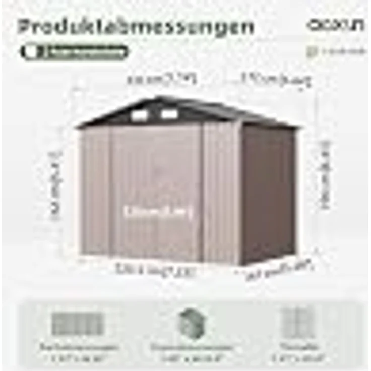 Aoxun Großes Gerätehaus aus Metall 235x171x196cm, wetterfestes Gartenhaus mit Doppeltür & Satteldach, abschließbarer Geräteschuppen für Garten, Hinterhof, Terrasse, Braun – Bild 2