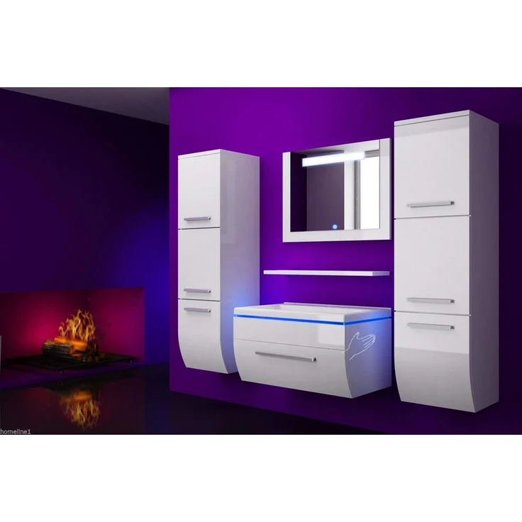Homeline Modern Badmöbel Set Weiss 190 cm Hochglanz Waschbecken Spiegel Komplett Bad Led System – Bild 6