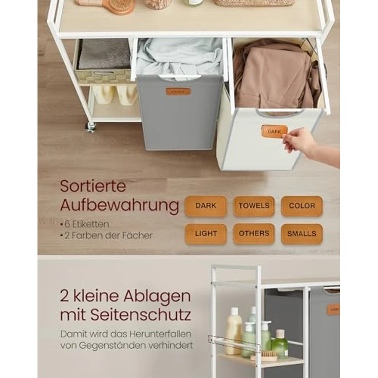 VASAGLE Wäschekorb 2 Fächer, Wäschesammler 100 L, Wäschesortierer, Rollen, Wäschewagen mit Ablagen, Wäschesack, mit abnehmbaren Taschen, 6 Etiketten, naturbeige-taubengrau-cremeweiß – Bild 5