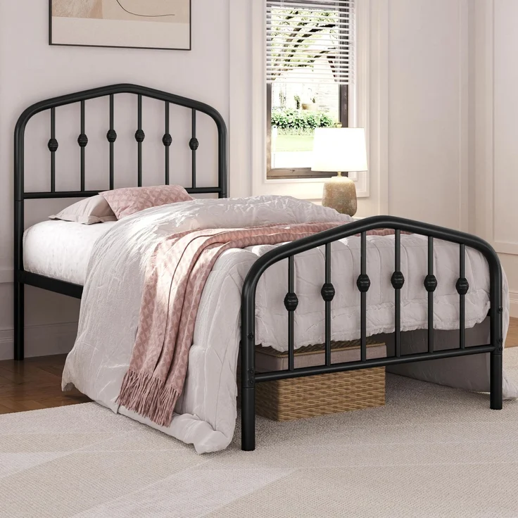 Yaheetech Bettrahmen 90 x 200 cm, Vintage Metallbett mit kronenförmigem Kopfteil, Stabiles Bettgestell Einzelbett aus Metall, Robust & Leichte Montage Gästebett Jugendbett Tagesbett, Schwarz – Bild 1