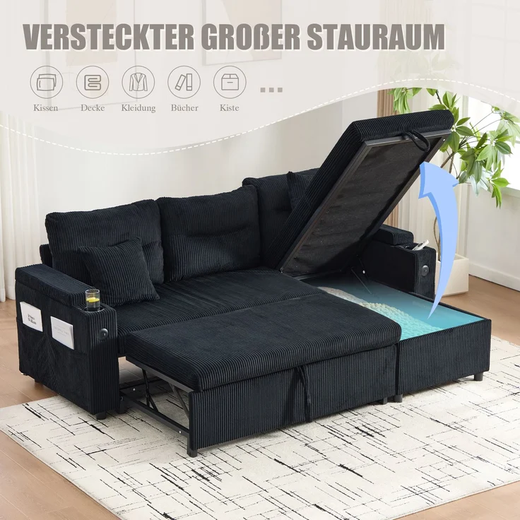 EINHOM Moderne 3-Personen Cordsofa mit Stauraum, Getränkehaltern und USB-C. hydraulischer Chaiselongue und Schubladenbett – Stilvolles Design trifft Komfort, Flexibilität und wohnliche Atmosphäre – Bild 3