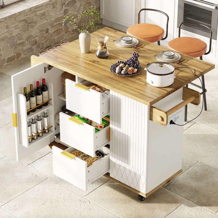 Küchenwagen 134 x 46/74 x 88 cm aus MDF und Metall mit ausklappbarer Arbeitsplatte und Steckdosen