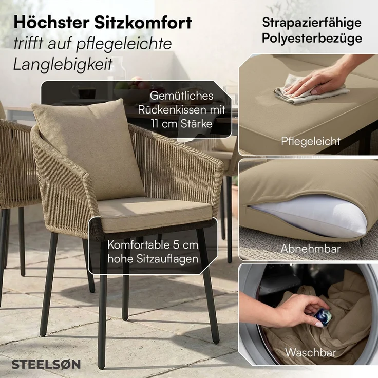 STEELSØN 'Nair' Polyrattan Gartenstuhl, 2er-Set, hellbraun, wetterfest & UV-beständig, Balkonstühle bis 160 kg belastbar, Gartensessel inkl. Kissen – Bild 2