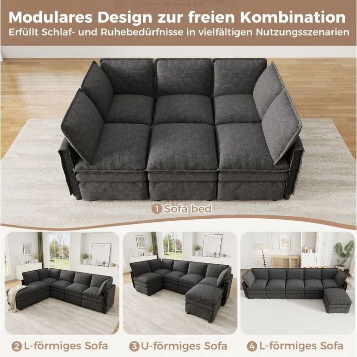 DESVIAE Sofa Grau aus Chenille – 344x91x127 cm – modular, Schlaffunktion, Hocker – Bild 5